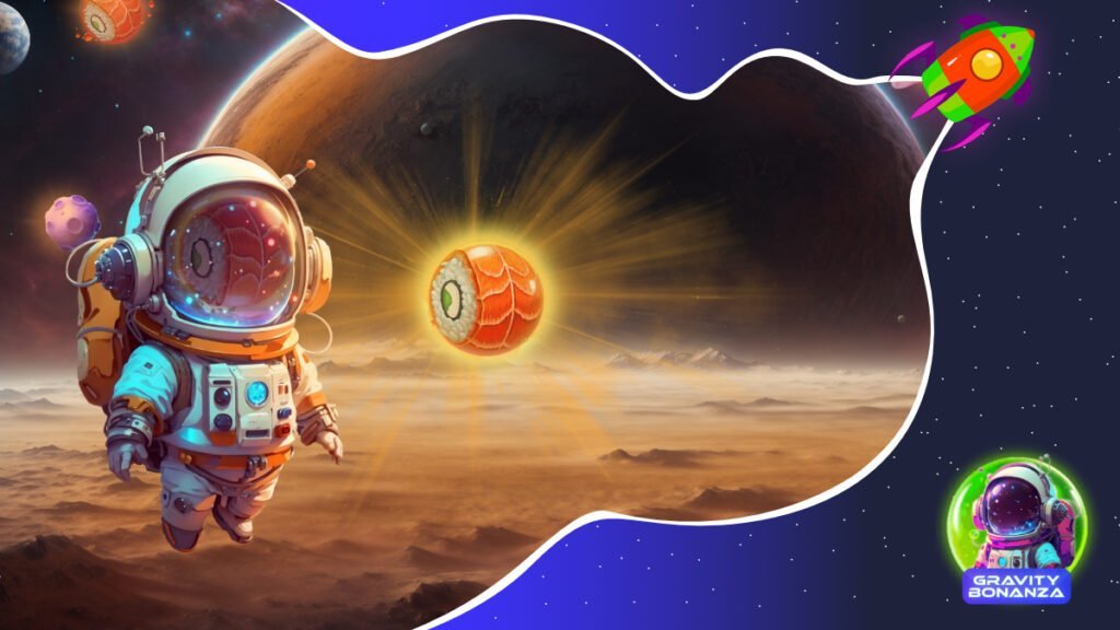 Gravity Bonanza Parlayan suşi sembollü ve astronotlu slot