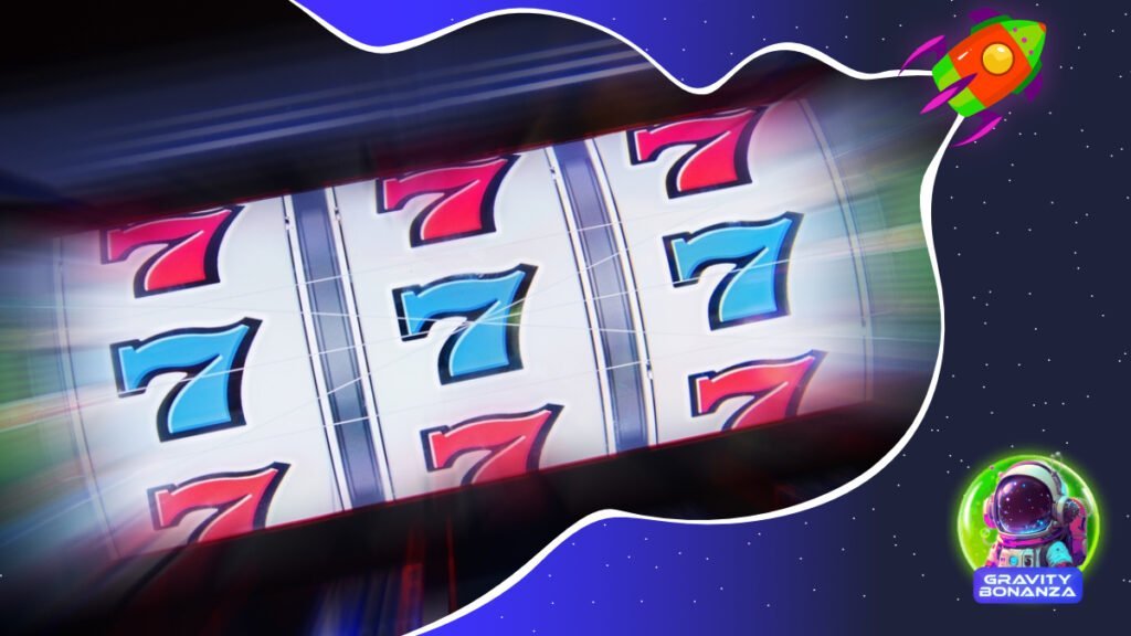 Triple seven on slot machine with cosmic concept. Logo of Gravity Bonanza at the bottom right